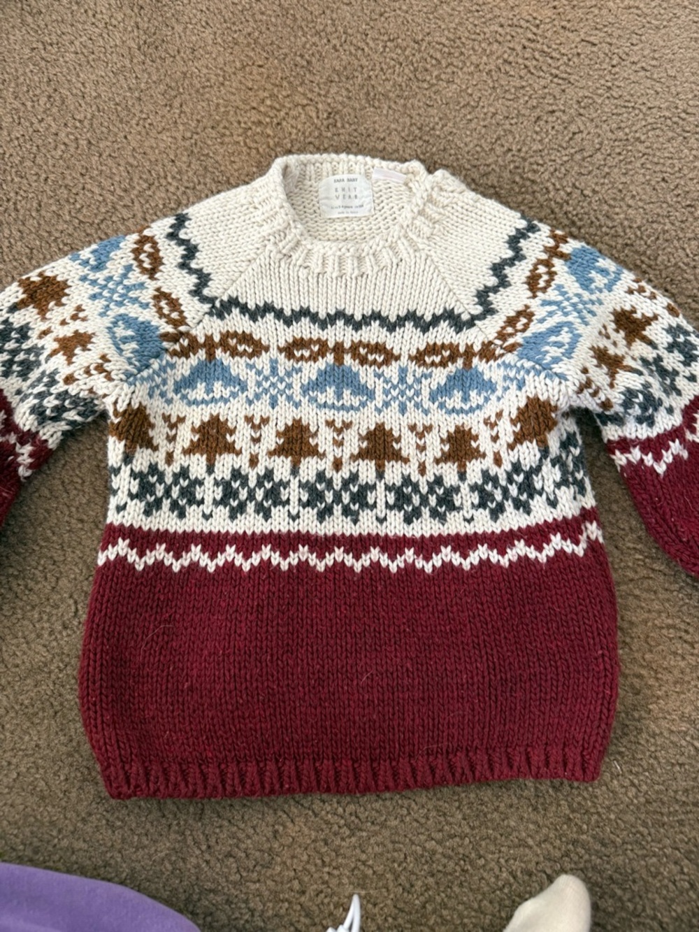 Zara Cream, Burgundy & Light Blue Fair Isle Knit Sweater